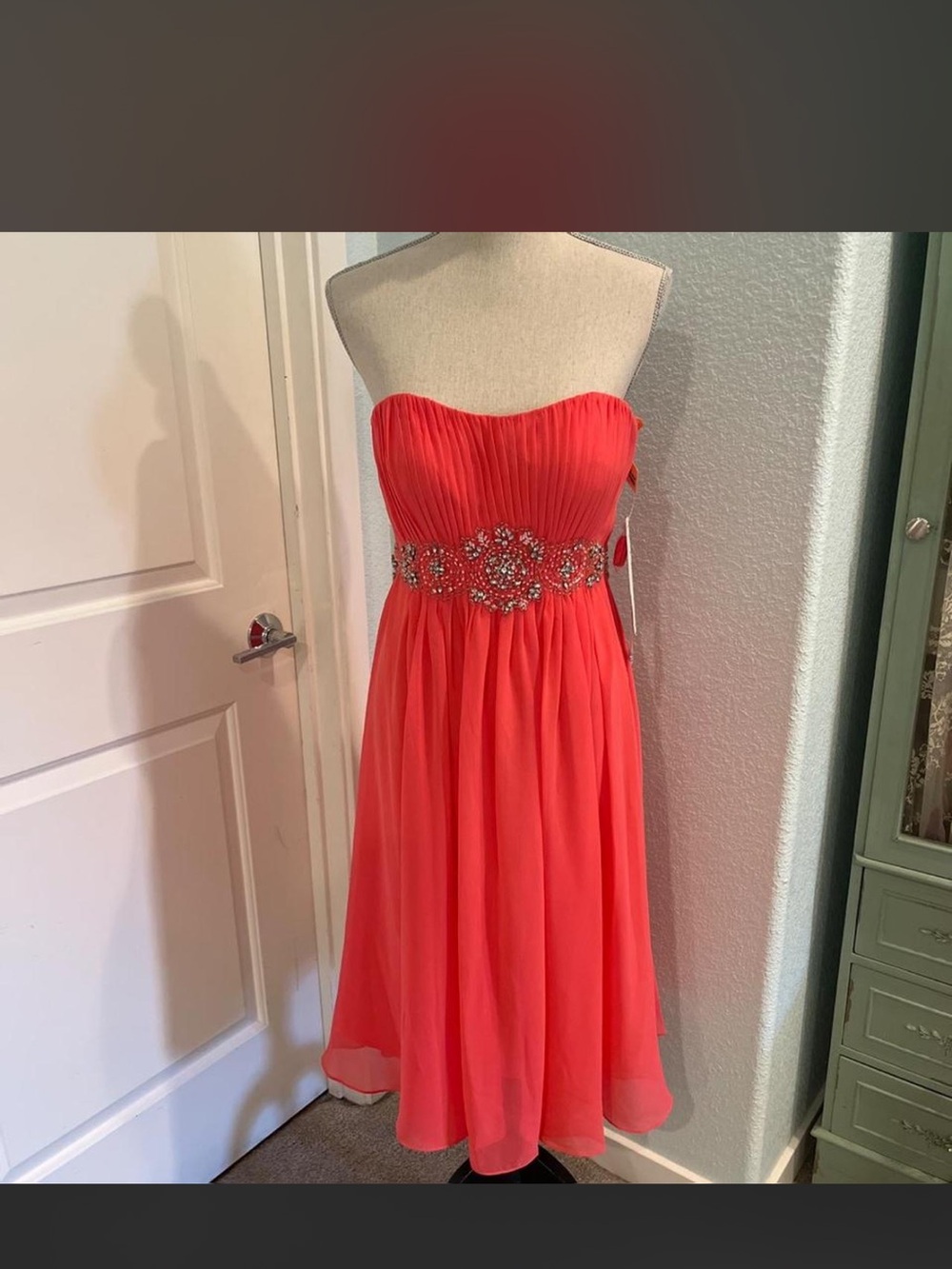 Fiesta Coral Strapless A-Line Dress with Jeweled Waistband
